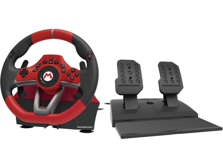 A racing wheel and paddles for the Nintendo Switch with a Mario Kart design by Hori.