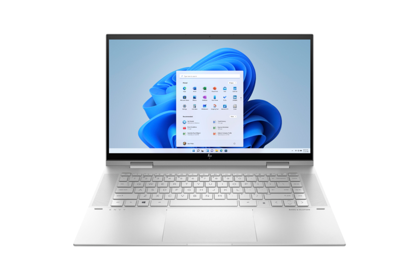 O laptop conversível HP Envy x360 fica aberto em um fundo branco.