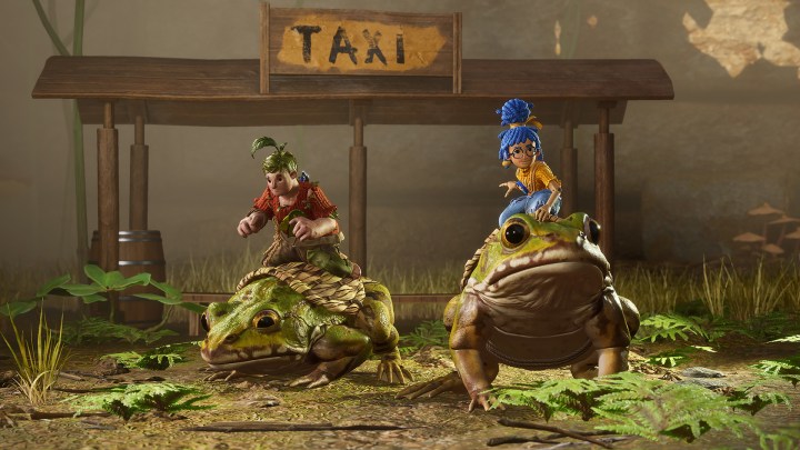 It Takes Two's main characters ride frog taxis.