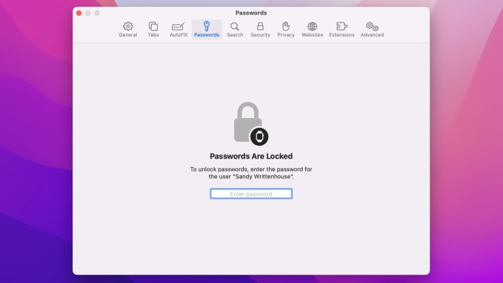 Passwords in Safari Preferences on Mac.