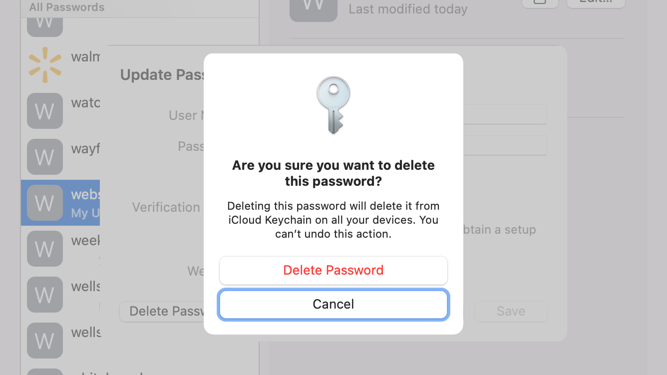 Password deletion confirmation screen on MacOS.