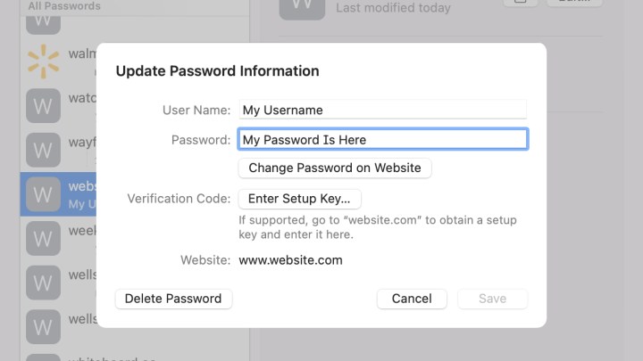 Schermata Aggiorna informazioni password su MacOS.