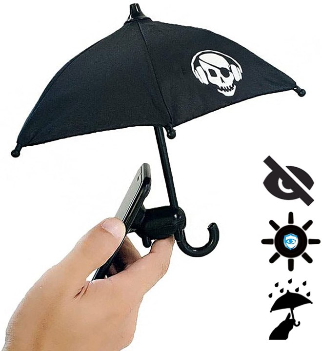 This phone stand holds an umbrella to keep your phone out of the sun and rain.