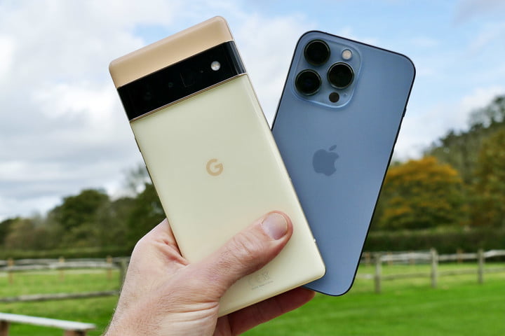 Pixel 6 Pro and iPhone 13 Pro in hand.
