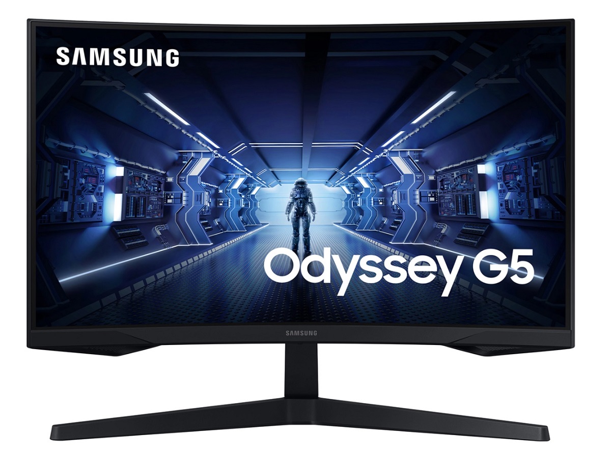 O Monitor Gaming G5 Odyssey da Samsung com uma cena futurista na tela curva.