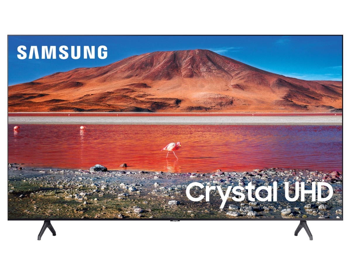 El televisor Samsung UN75TU7000FXZA 4K con una escena de la naturaleza en la pantalla de 75 pulgadas.