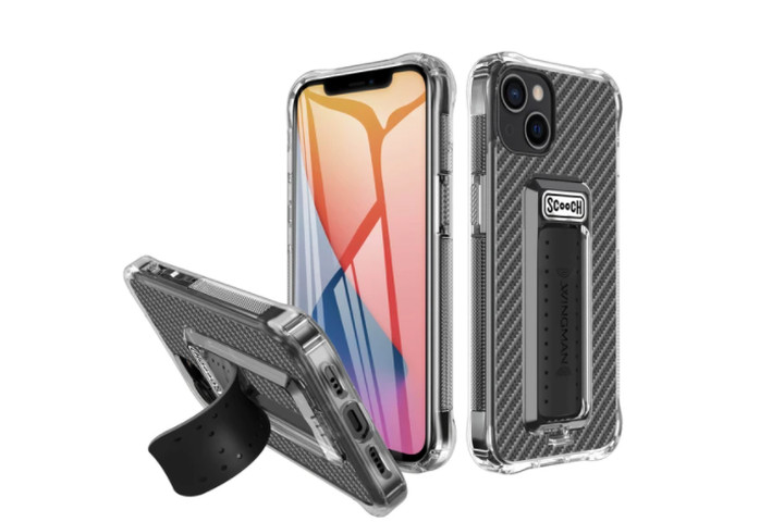 Scooch Wingman Case in Carbon Fiber for the iPhone 13, showing the front, rear, and kickstand functions.