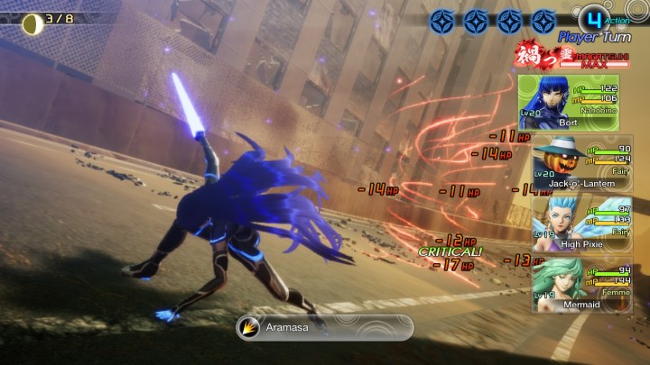 Shin Megami Tensei 5 protagonist, Nahbino performing an attack.