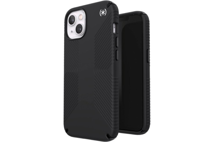 Speck Presidio2 Grip Case in black for the iPhone 13, showing the front and rear of the case.