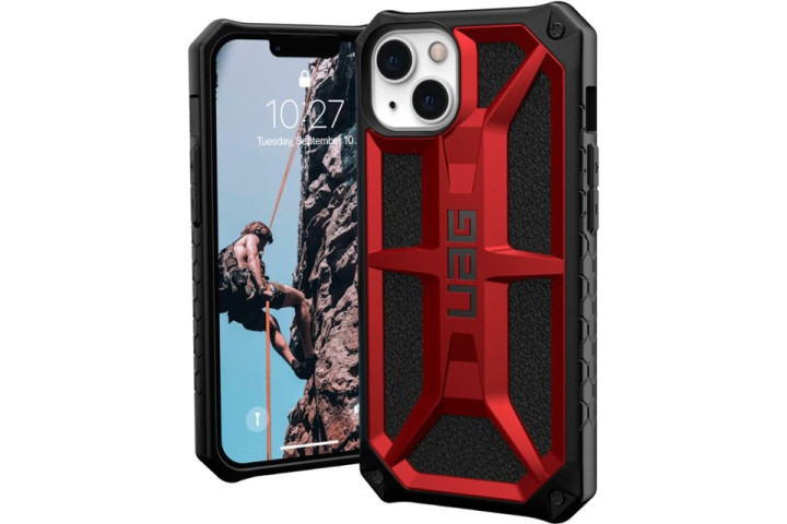 Urban Armor Gear Monarch Case for iPhone 13 in Crimson, showing the front and rear of the case.