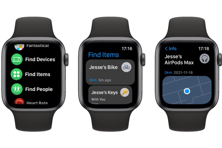 Three Apple Watches showing Find My Items and Find My Devices apps.
