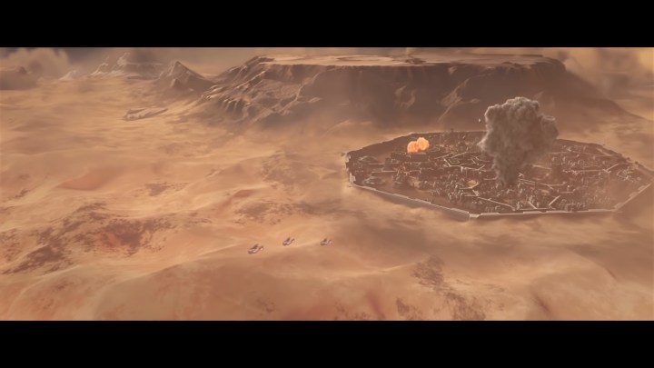 A walled city in the desert under attack.