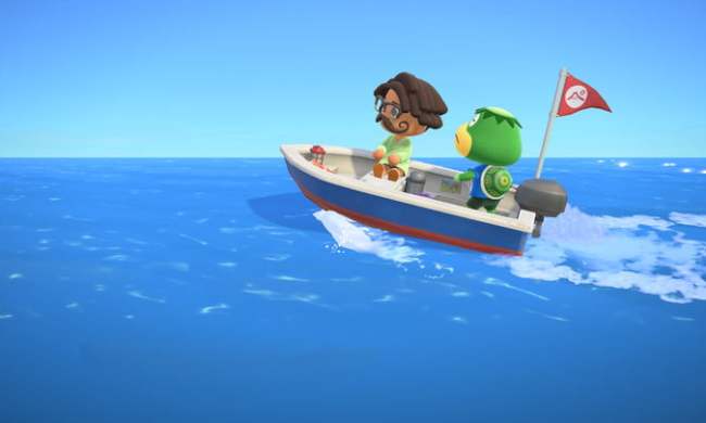 Riding in a boat with Kapp'n in Animal Crossing: New Horizons.