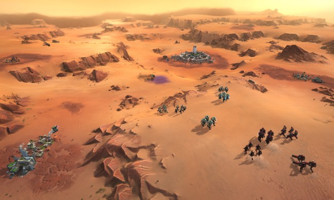 Bases on a dessert landscape in Dune: Spice Wars.