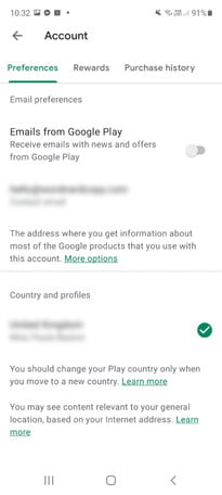 The Account and Purchase History options in the Google Play Store.