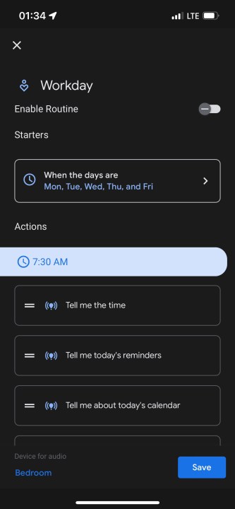 Uno screenshot del menu delle routine quotidiane di Google Home.