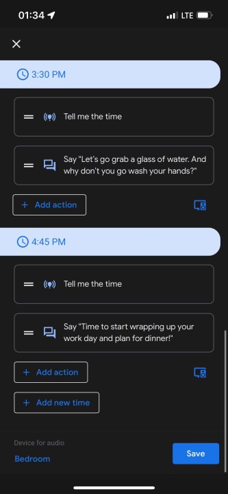 Screenshot che mostra il flusso per attivare la routine della giornata lavorativa.