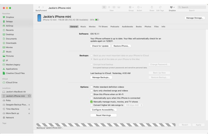 iPhone back up via Finder.
