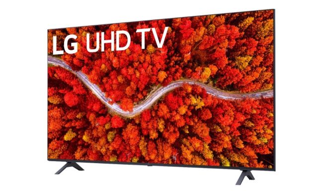 The LG UP8070 Series 4K TV with red treetops on the screen.
