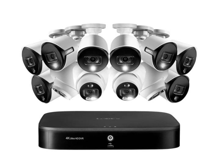 Lorex 4K 16 Channel 3TB Wired DVR with 12 Active Deterrence Cameras for home security.