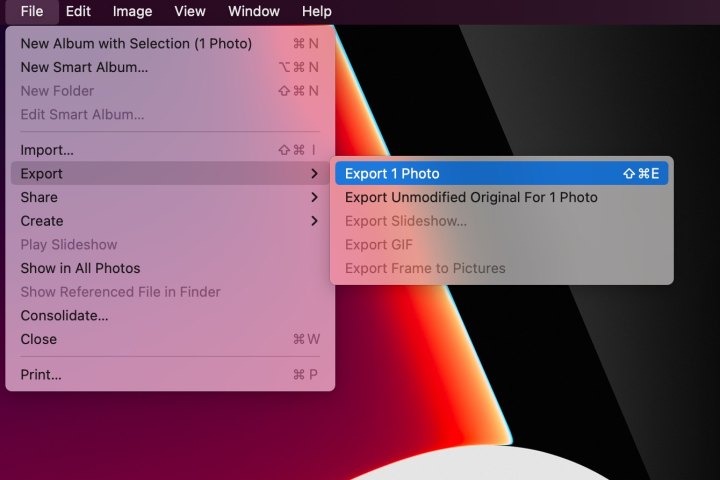فایل، صادرات، صادر کردن 1 عکس در برنامه Photos.