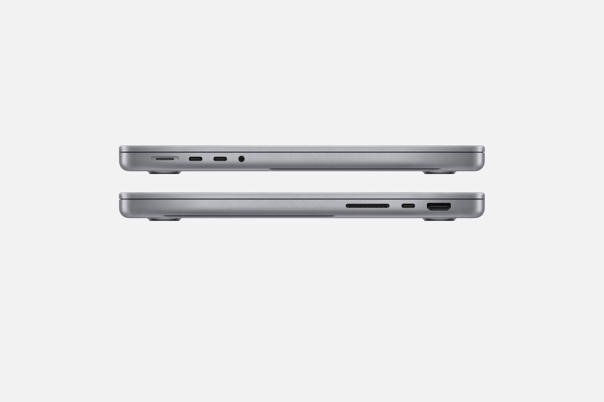 Vistas laterais do Apple MacBook Pro 14 mostrando as portas.