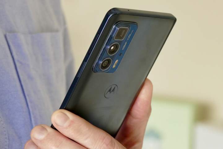 A close-up of the rear panel of the Motorola Edge 20 Pro.