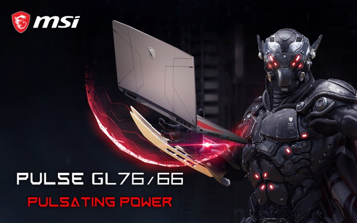 Un cyborg à l'allure futuriste tient un ordinateur portable de jeu MSI Pulse dans sa main.