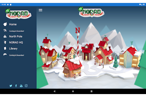 NORAD Tracks Santa app with menu and North Pole scene.