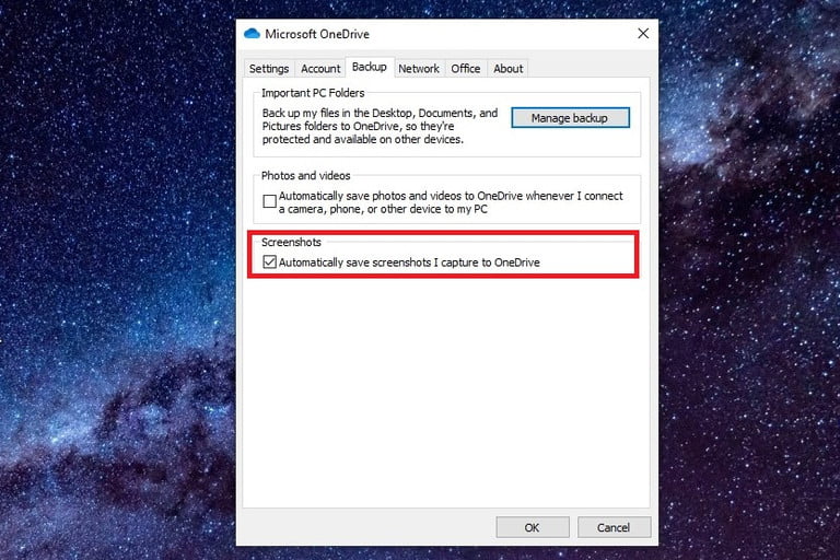 Screenshots backup setting in Microsoft OneDrive.