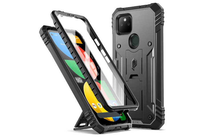 The Poetic Revolution Rugged case for the Pixel 5a. The front and back views are shown, as well as the kickstand and screen protector.