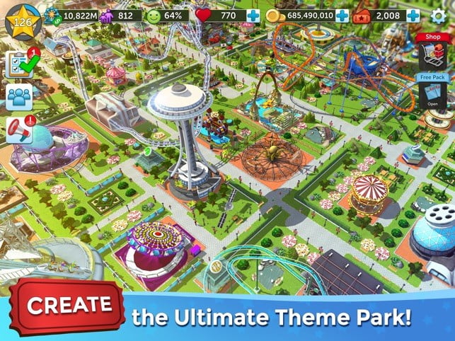 RollerCoaster Tycoon's promotional material. A message at the bottom proclaims "Create the ultimate theme park!"