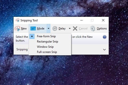 تصویری از Windows Snipping Tool که گزینه‌های snipping را نشان می‌دهد.