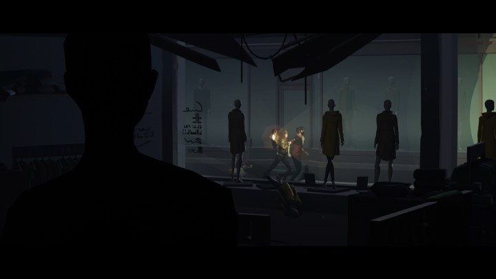 Die Charaktere erkunden einen dunklen Raum voller mysteriöser Gestalten in Somerville.