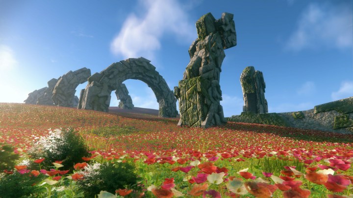 Sonic Frontiers landscape filled with ruins and flowers.