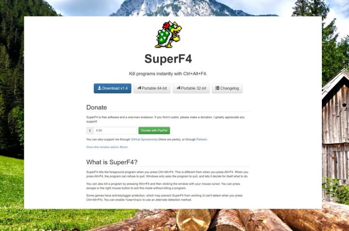 The SuperF4 website on Windows.