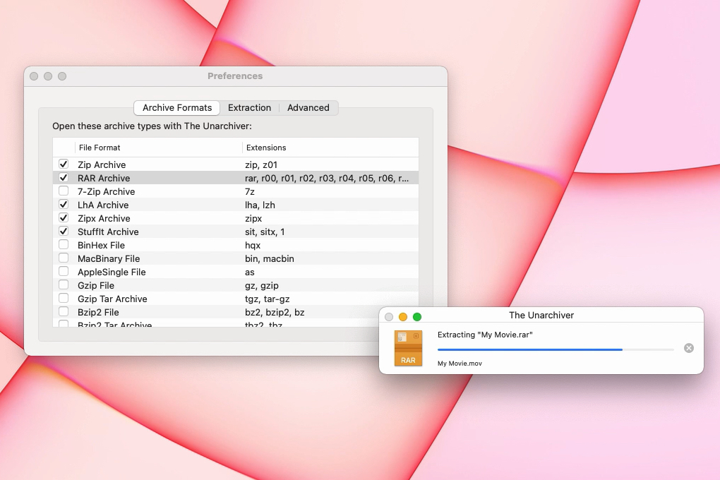The Unarchiver extracting a RAR file on Mac.