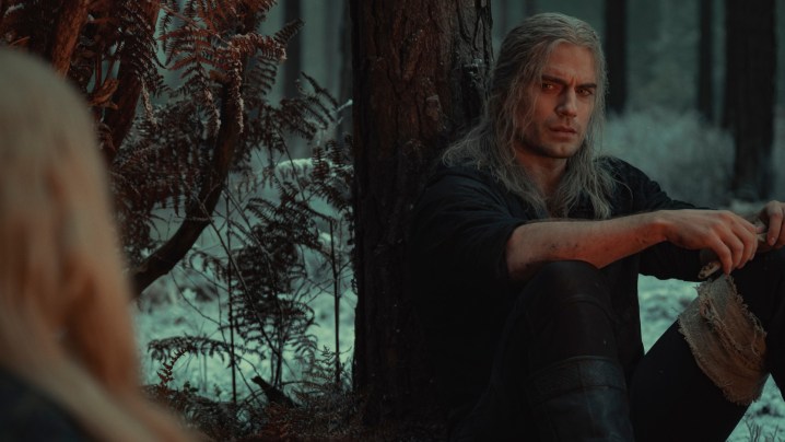 Geralt sitting on a tree and looking tired in The Witcher.