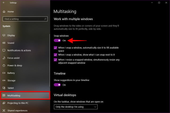 Impostazioni multitasking di Windows 10.