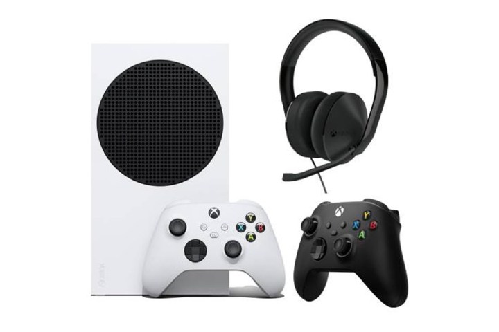 Xbox Series S Bundle with Xbox Stereo Headset and a black Xbox wireless controller.