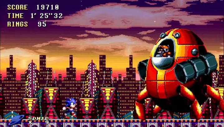 Sonic fighting a giant robot.