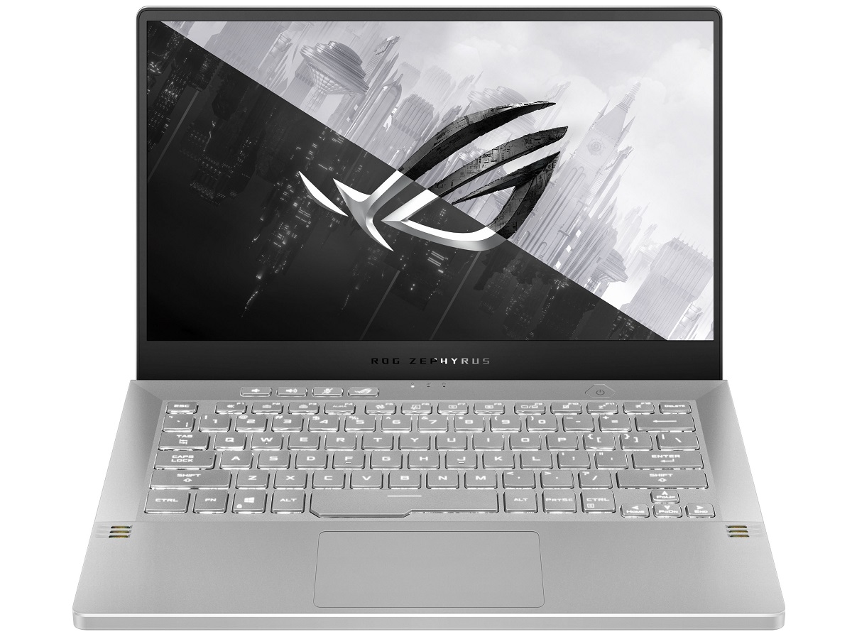 O laptop para jogos ASUS ROG Zephyrus com o logotipo ROG na tela de 14 polegadas.