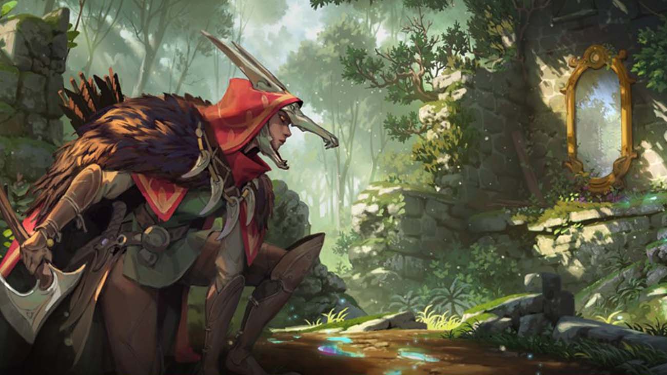 A hunter crouches before footprints in Blizzard concept art.