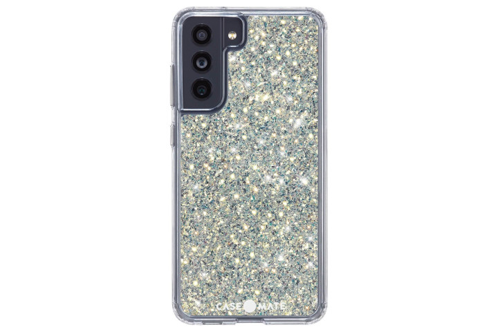 Case-Mate Twinkle Stardust case with silver glitter on the Samsung Galaxy S21 FE.