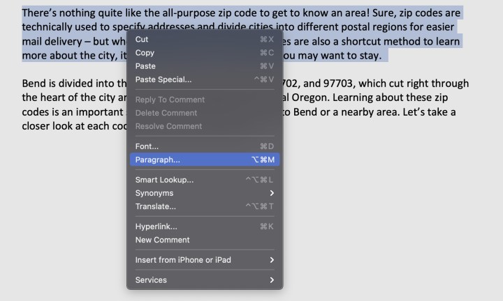 The right-click Paragraph option in Word for macOS.