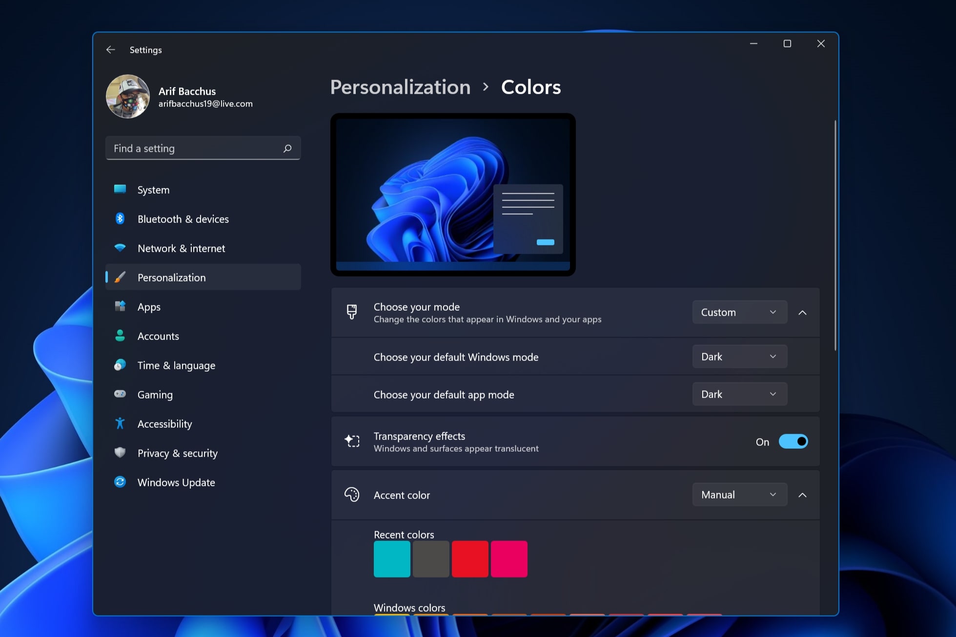 The Colors Personalization screen in Windows 11.