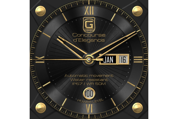 Concours D'Elegance esfera negra y dorada en un Samsung Galaxy Watch.