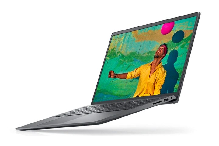 Laptop Dell Inspiron 15 3000 em um fundo branco mostrando uma cena colorida.