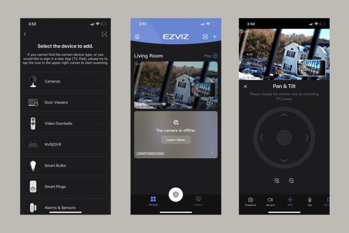 Screens from the EZVIZ control app.