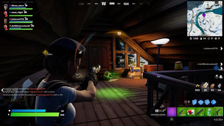 Aiming with a pistol in Fortnite.